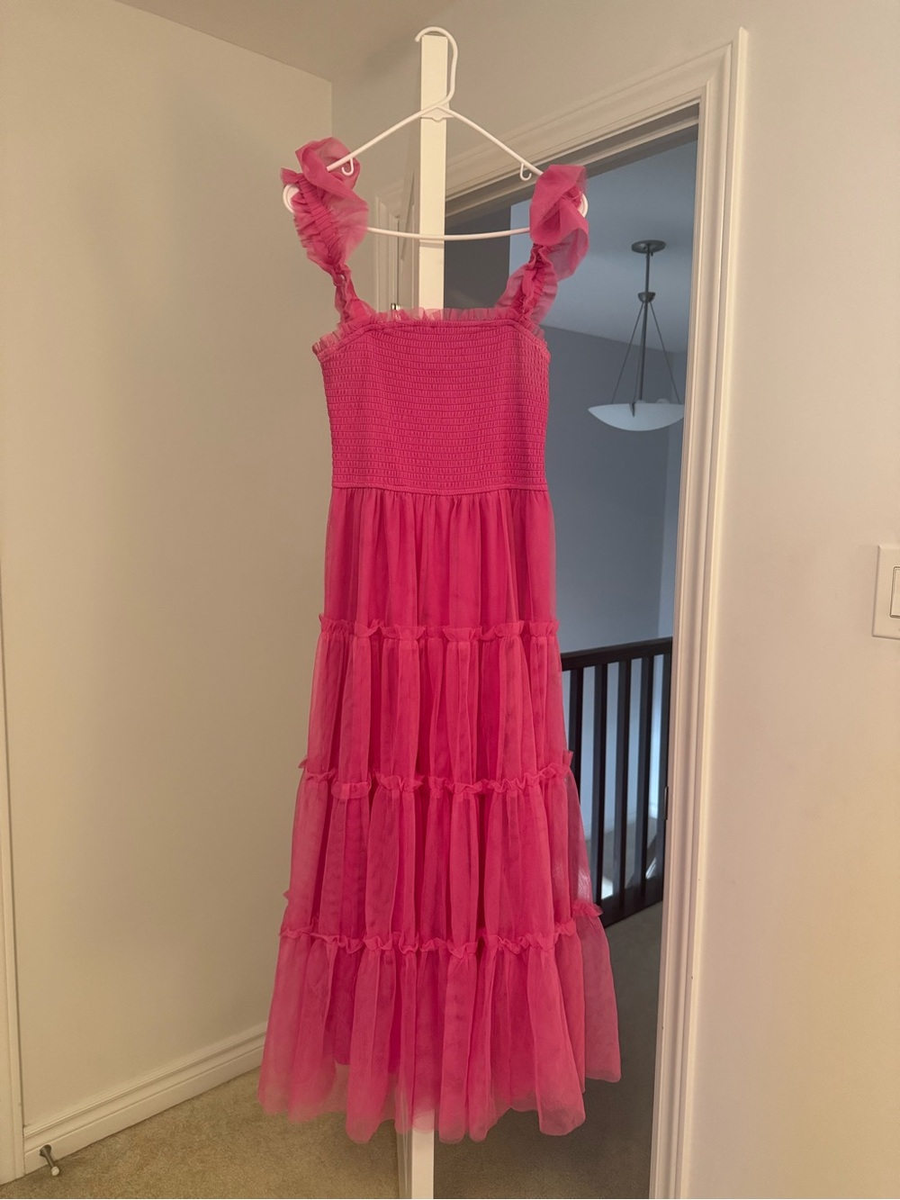 Hot Pink Tiered Tulle Dress with Ruffle Straps